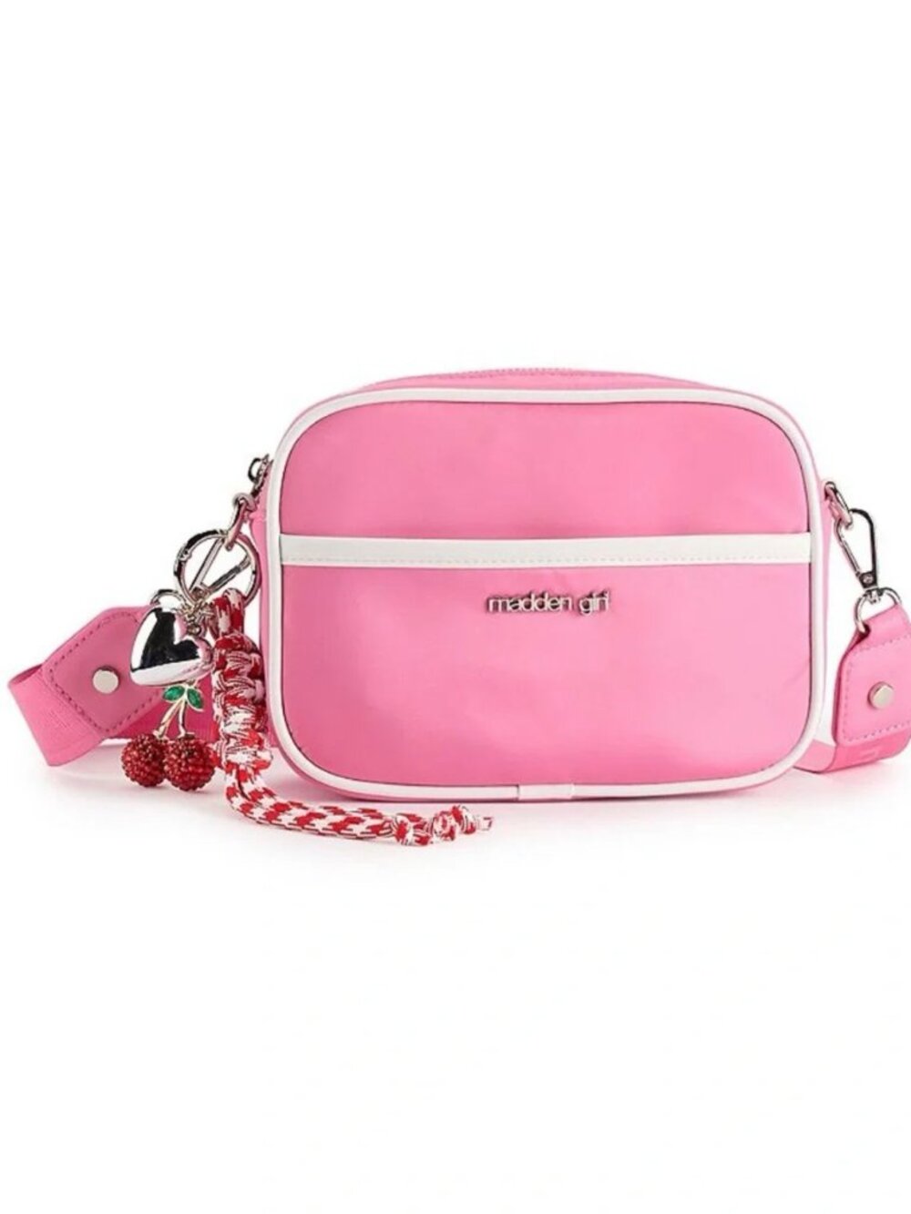 Madden Girl Nylon crossbody bag with Rhinestone Cherry bag charm Pink Brand NEW!
